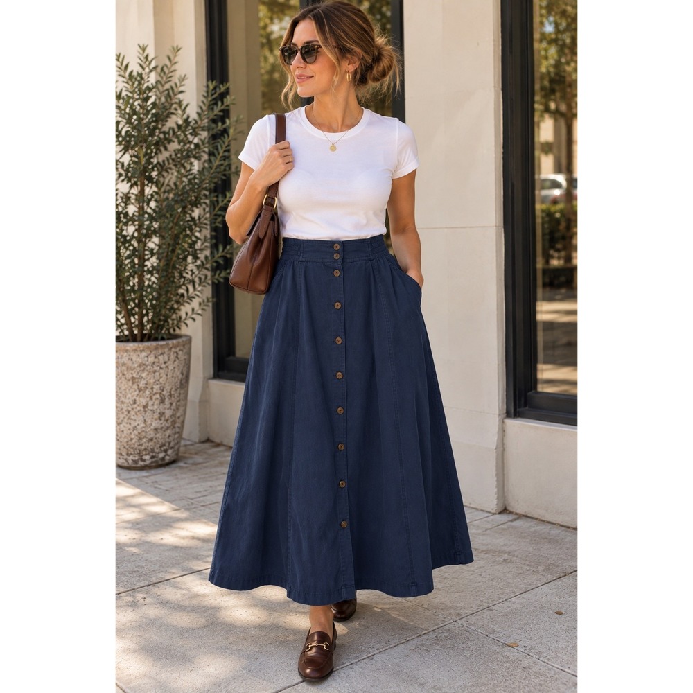 Vintage Country Suburbans Koret ILGWU Denim Maxi Skirt 12 Made USA Button Front